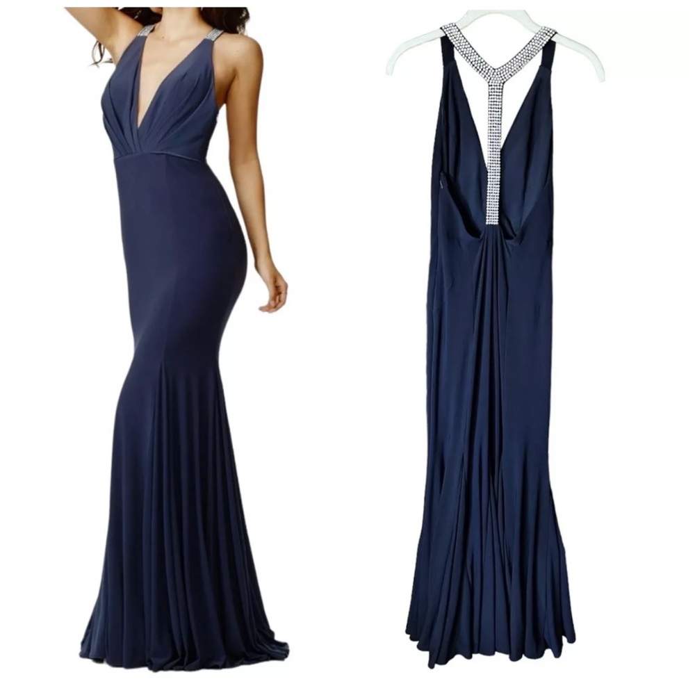JOVANI Navy Blue Formal Dress sz 2 Halter Sleeveless Rhinestones Full Lengrh